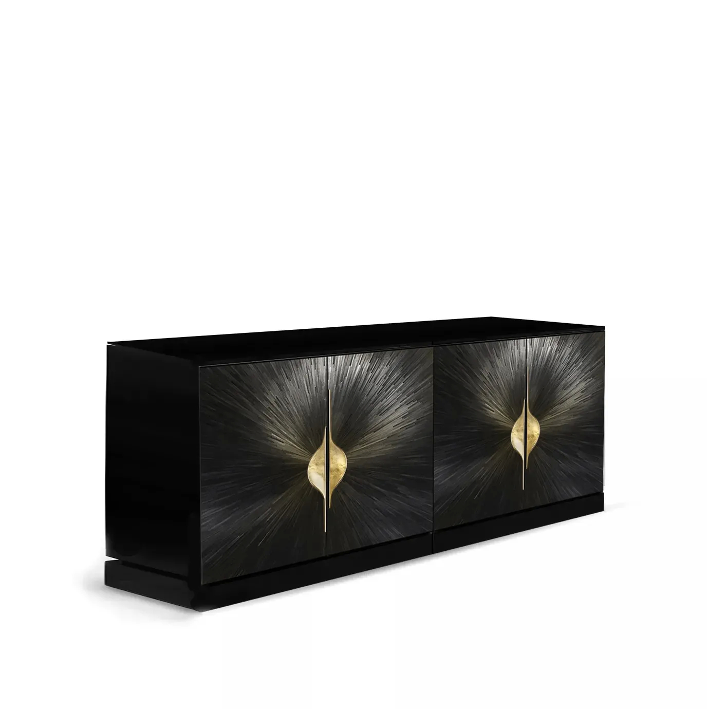 A luxurious Celine Straw Cabinet, a long four-door sideboard with black textured facades radiating from elegant gold pulls.
