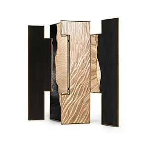 Mirage Floor Screen, a luxury room divider crafted with intricate straw marquetry in a wavy, textured pattern, featuring contrasting dark and light wood panels with organic edges.