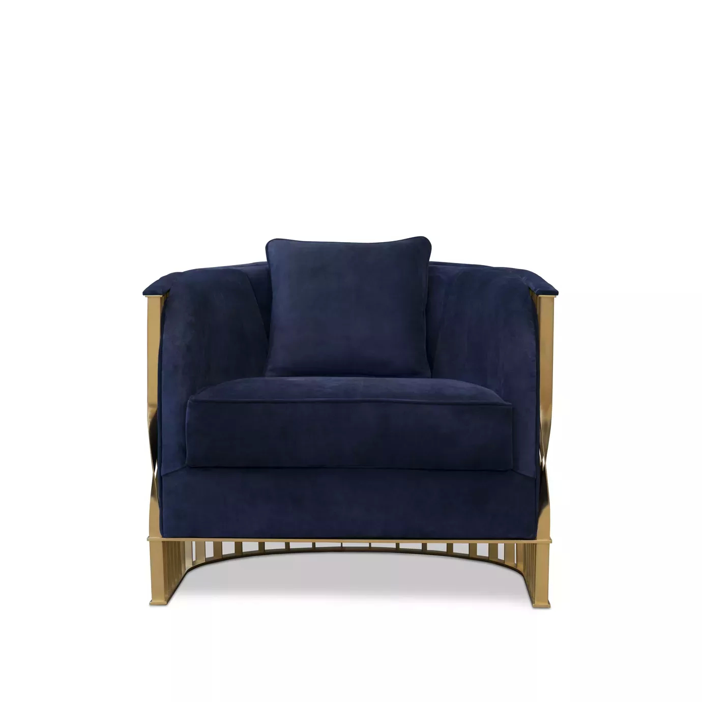 Elegant Mandy Armchair with golden satin brass frame and deep blue velvet upholstery with matching cushion.