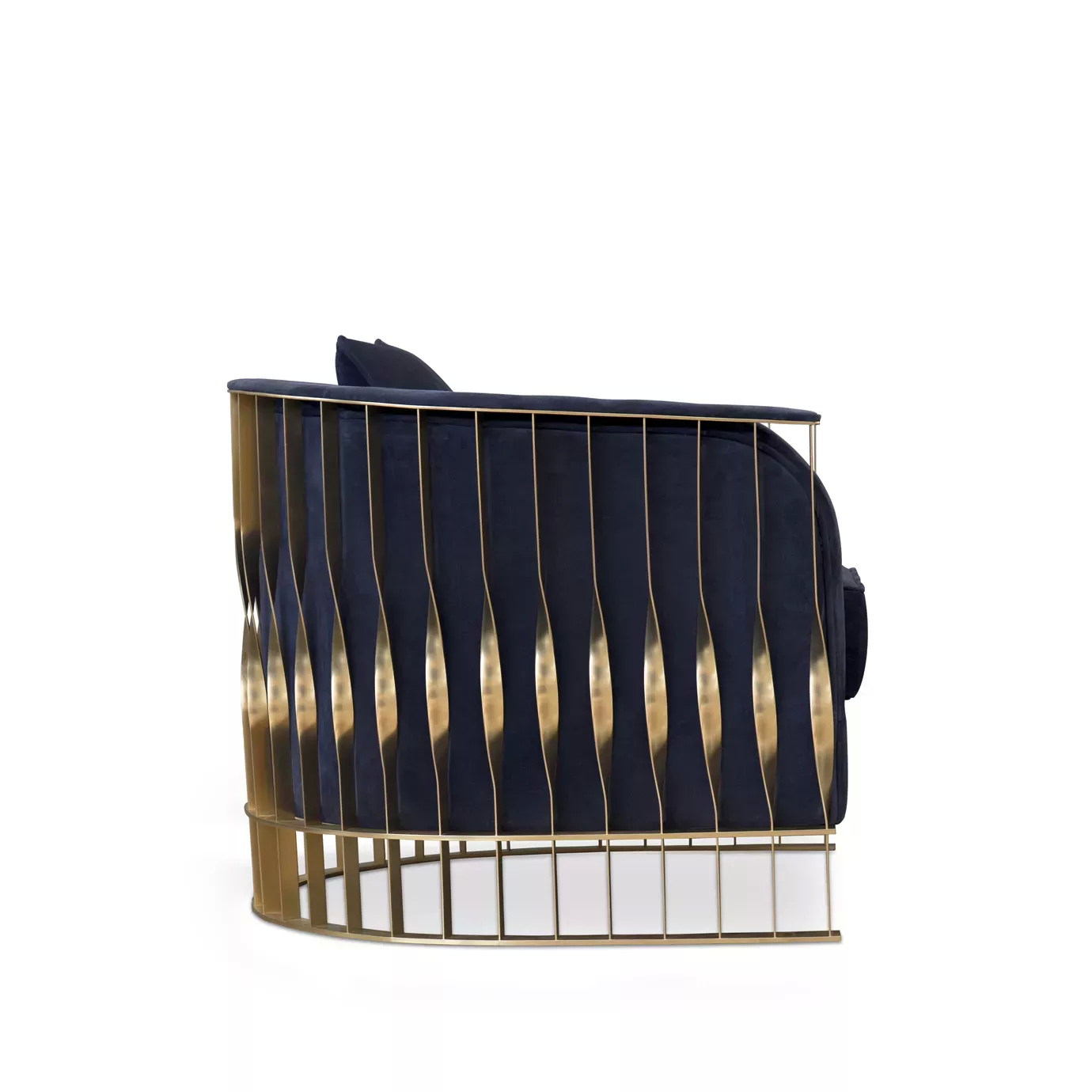 Elegant Mandy Armchair with golden satin brass frame and deep blue velvet upholstery.