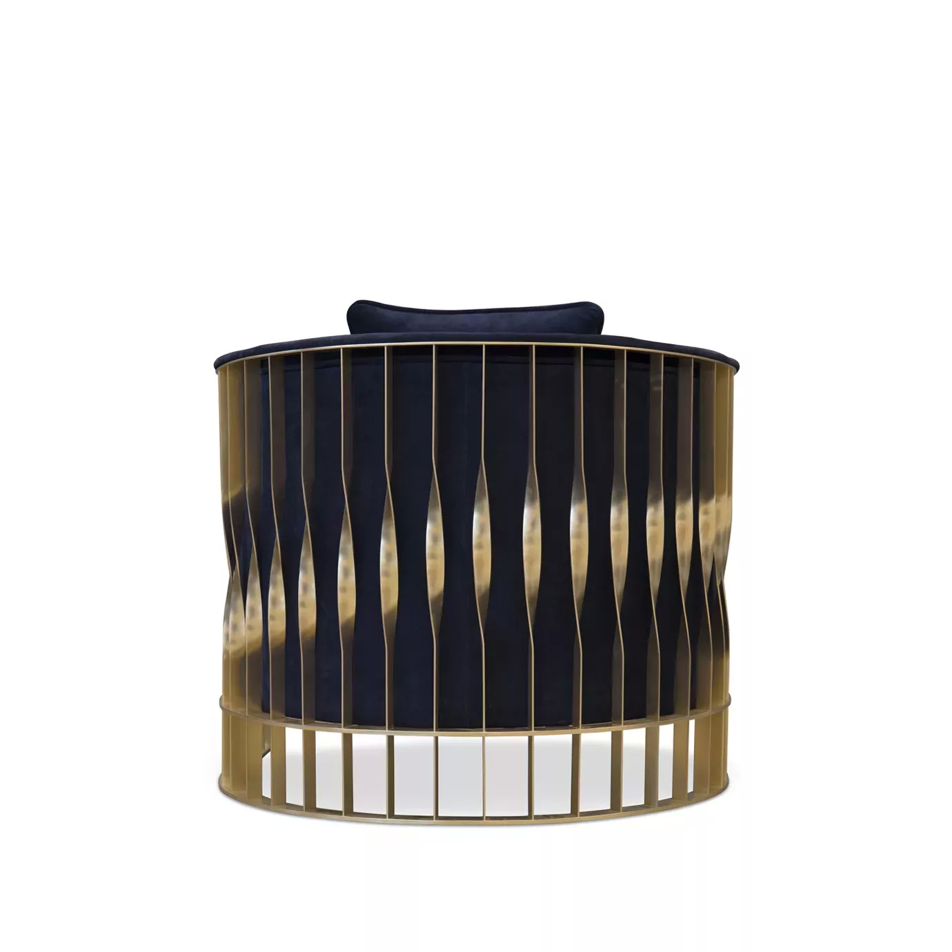 Elegant Mandy Armchair with golden satin brass frame and deep blue velvet upholstery.