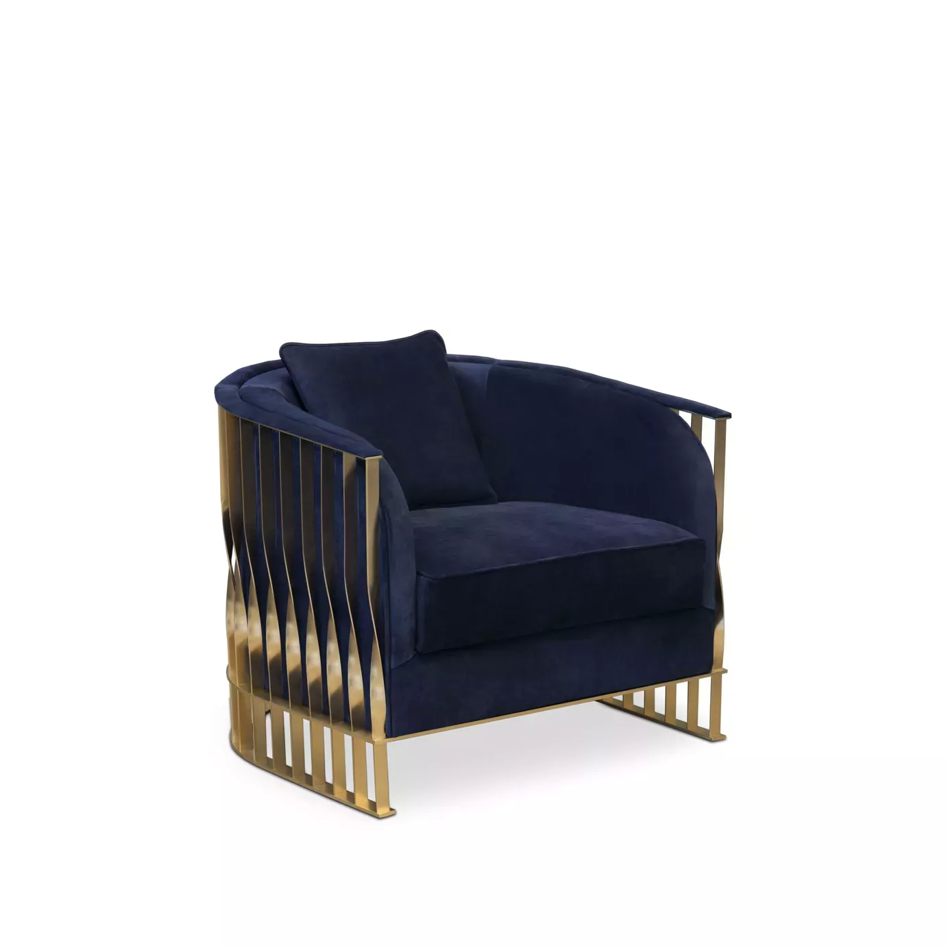 Elegant Mandy Armchair with golden satin brass frame and deep blue velvet upholstery with matching cushion.