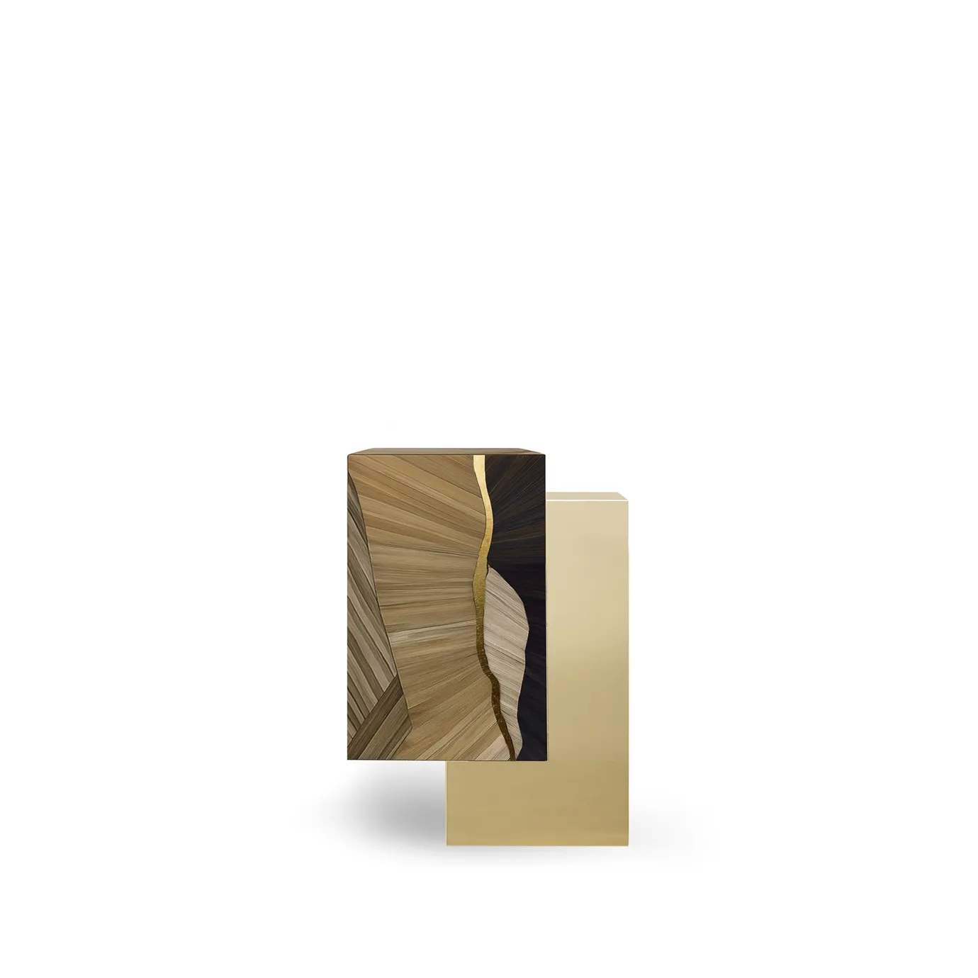 Oasis Side Table in straw marquetry and polished brass, showcasing a striking, architectural form.