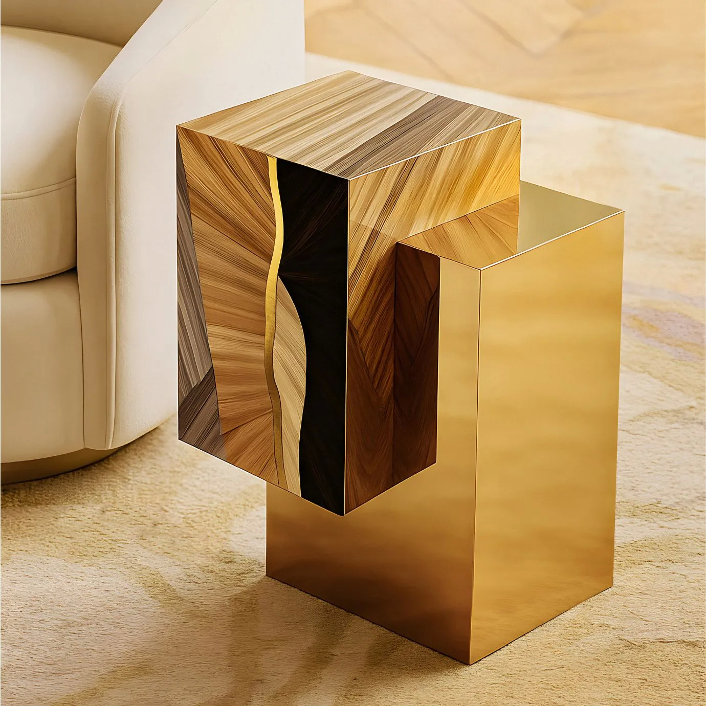 Handcrafted straw marquetry Oasis Side Table with a contrasting brass base, highlighting artisan craftsmanship and a contemporary design.