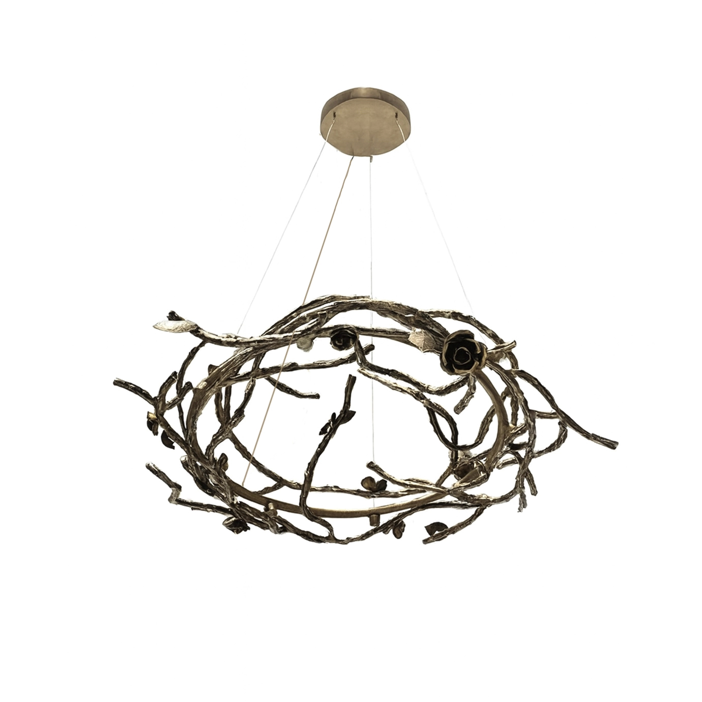 Luxury bronze chandelier, Rose Round design, with intricate intertwining branches and floral details.