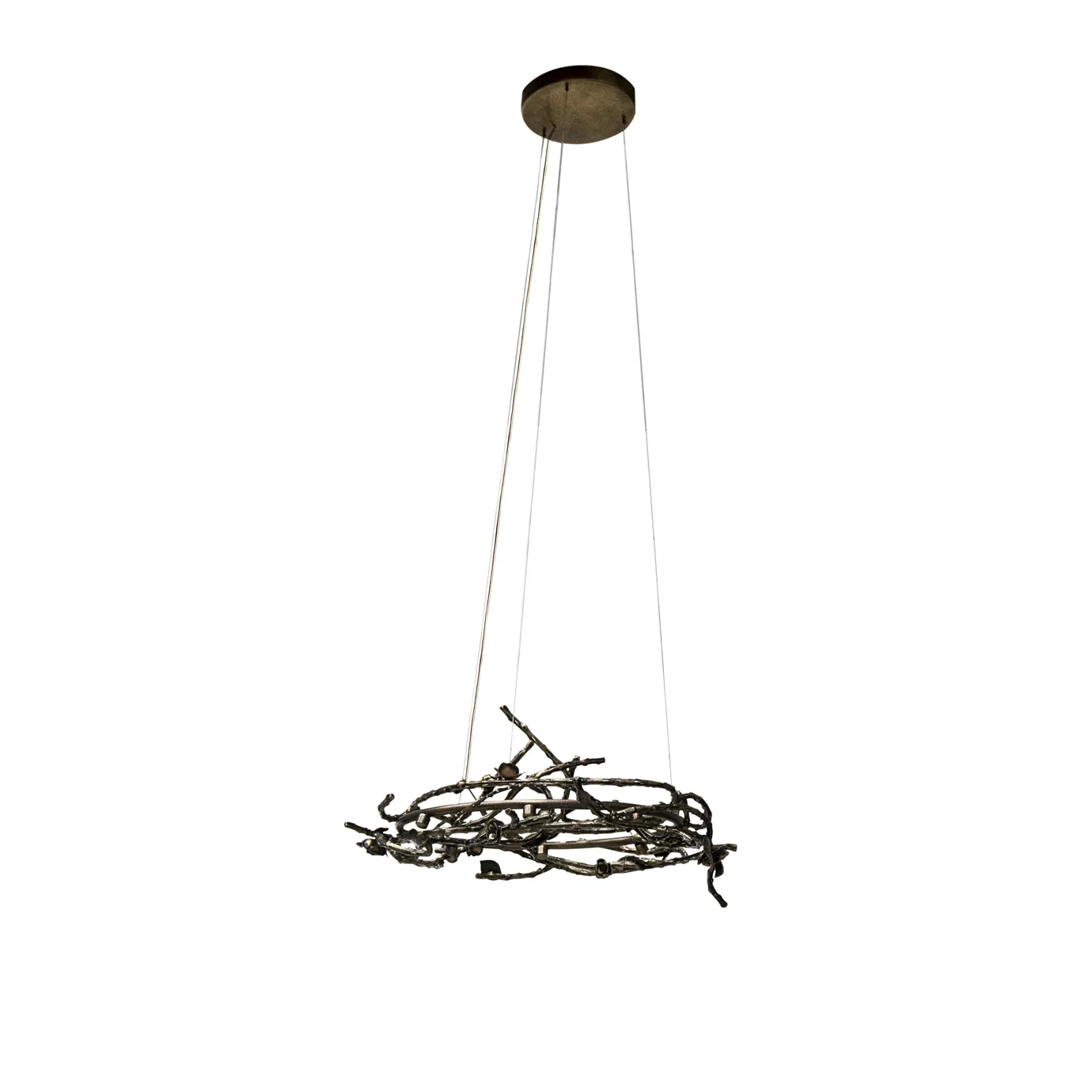 Rose Round Chandelier in aged brass with sculptural branches, metallic leaves, and rose-shaped accents, suspended by thin wires in a modern interior.
