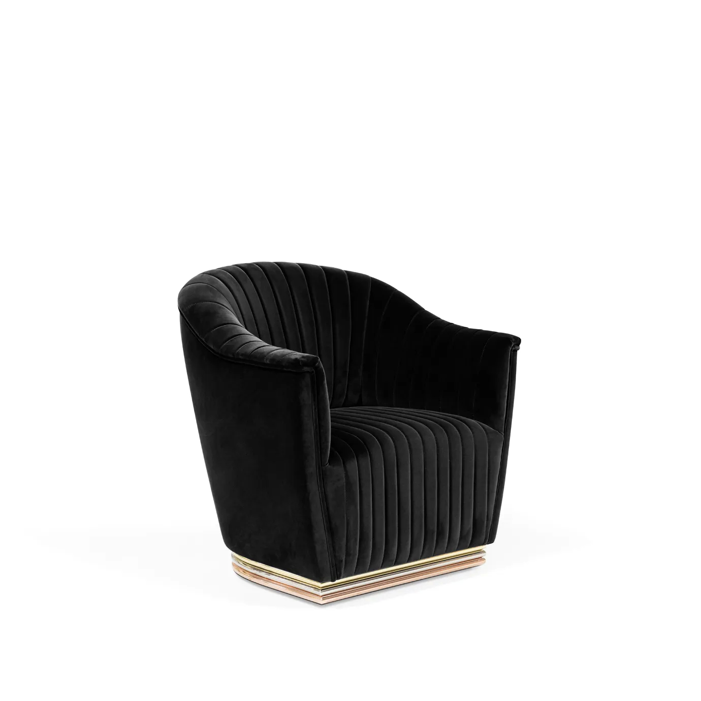 Elegant Mia Armchair upholstered in black velvet with pleated details and a base with brass.