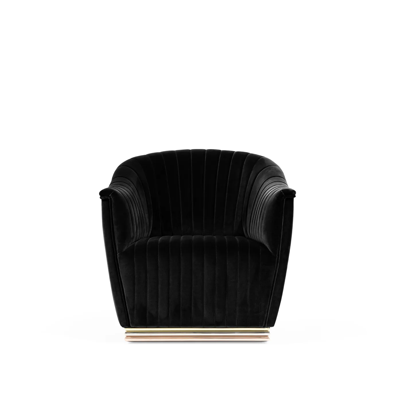 Elegant Mia Armchair upholstered in black velvet with pleated details and a base with brass.