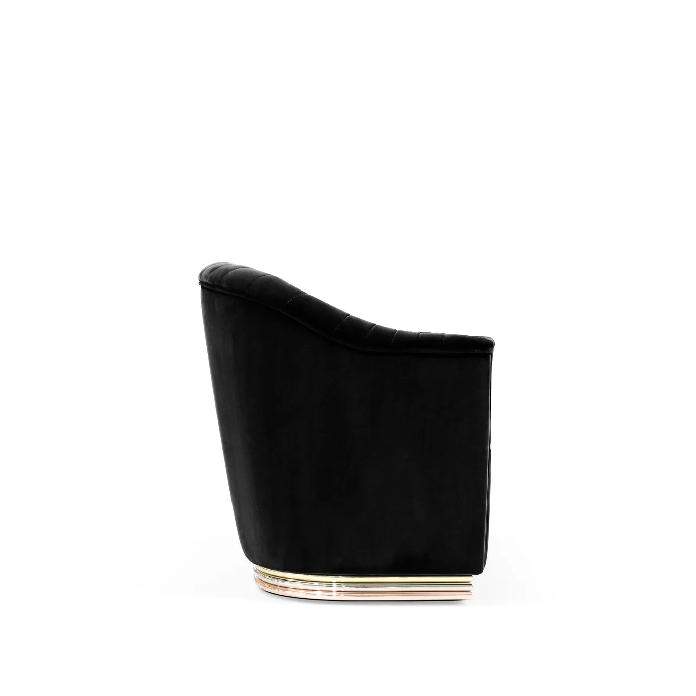 Elegant side view Mia Armchair upholstered in black velvet with pleated details and a base with brass.