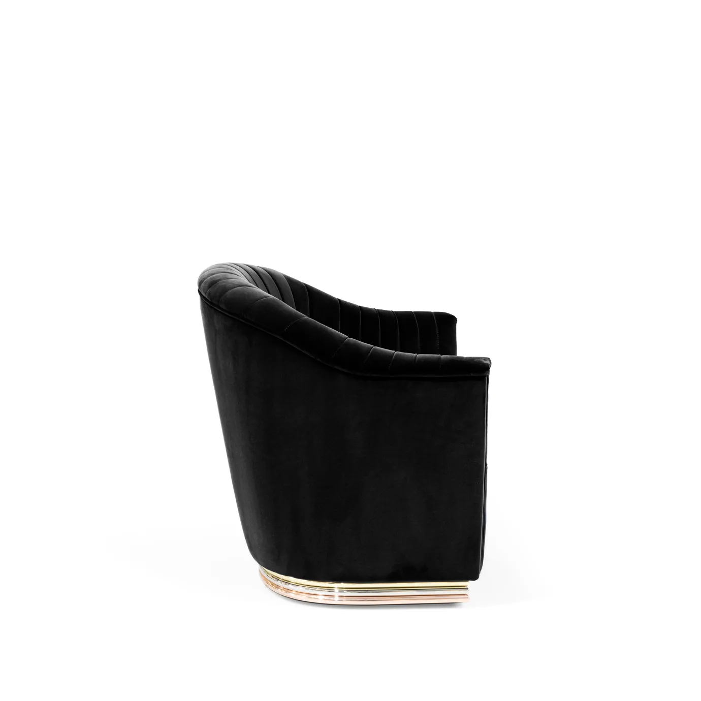 Elegant side view Mia Armchair upholstered in black velvet with pleated details and a base with brass.