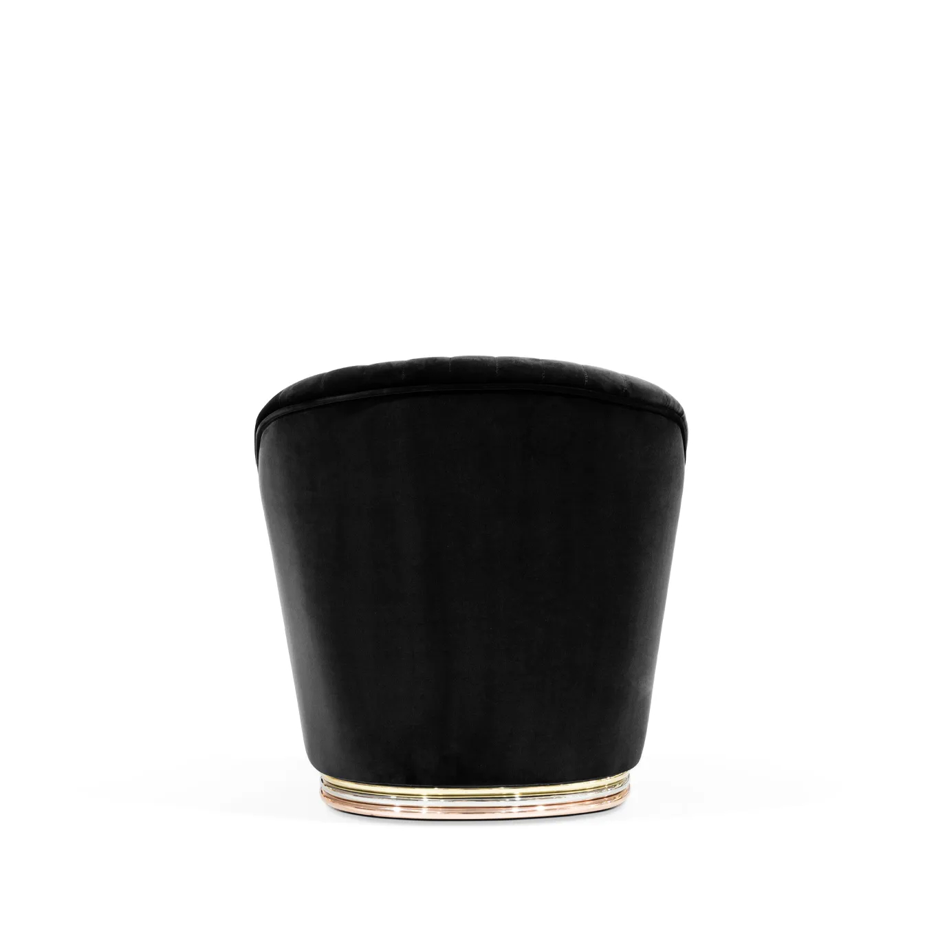 Elegant back view of Mia Armchair upholstered in black velvet with pleated details and a base with brass.