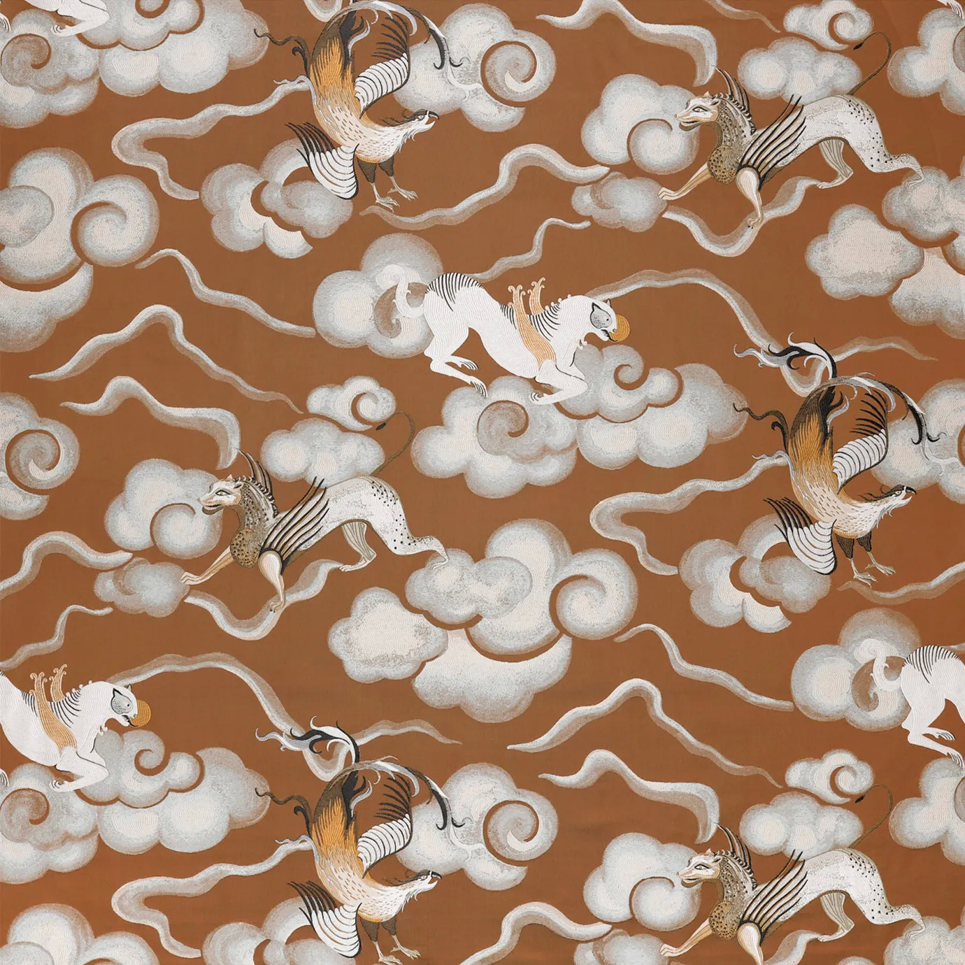 Repeating pattern of stylized mythical creatures with flowing manes and clawed feet, set against swirling white and gray clouds on a rich brown background, inspired by traditional East Asian art.