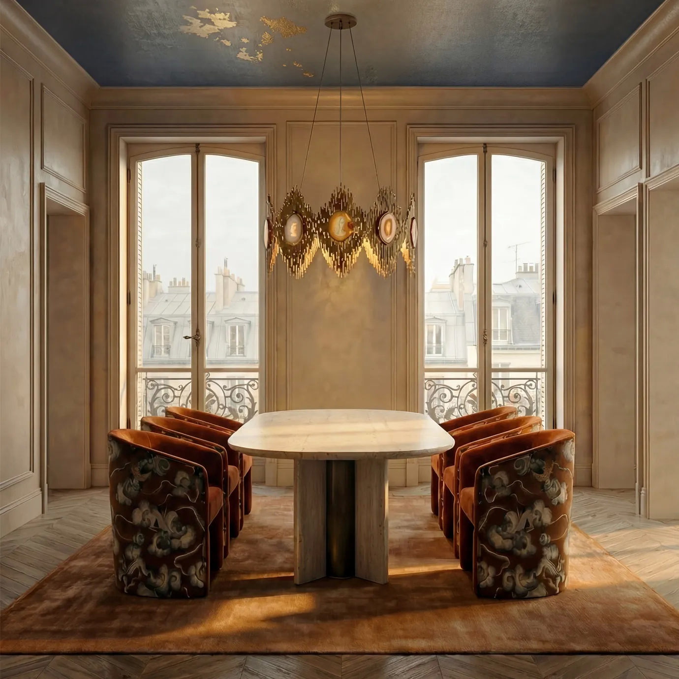 Elegant dining room featuring KOKET’s Vivre Chandelier with sunburst mirrors, Marseille Chairs in embroidered rust velvet, and the Paris Travertine Dining Table—an iconic trio admired in luxury interior design.