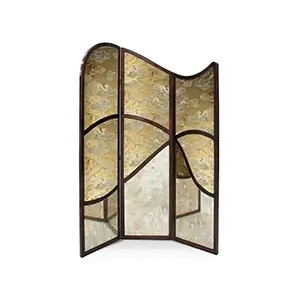 Three-panel decorative folding screen with curved dark wood frames, featuring mirrored surfaces and textured gold sections adorned with stylized cloud motifs.