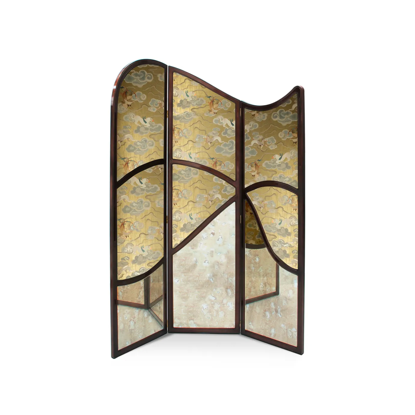 Three-panel decorative folding screen with curved dark wood frames, featuring mirrored surfaces and textured gold sections adorned with stylized cloud motifs.