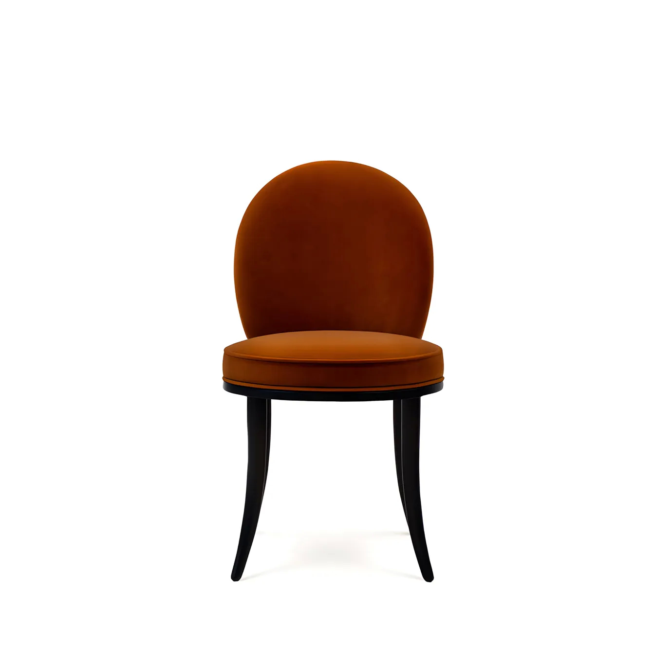 Elegant dining chair with a sculptural silhouette, upholstered in rich velvet and accented by cloud-inspired side detailing in soft neutral tones.