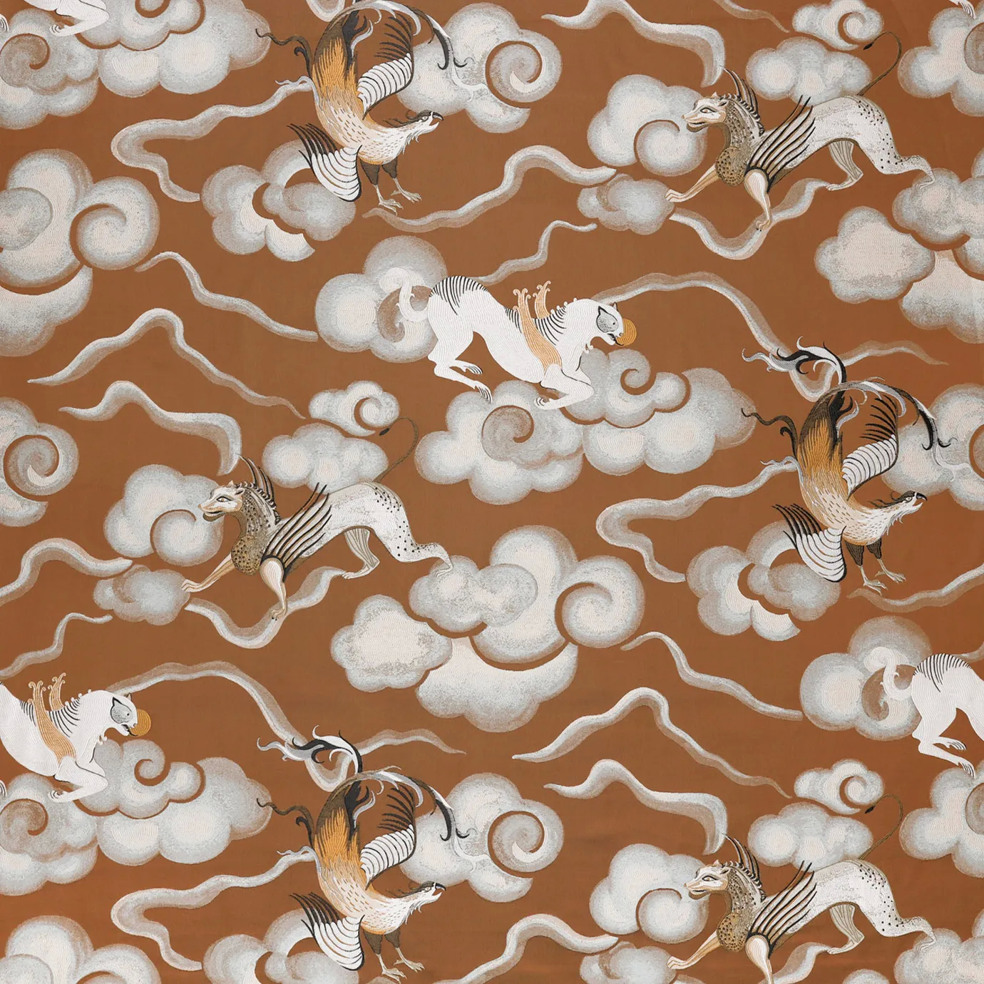 Repeating pattern of stylized mythical creatures with flowing manes and clawed feet, set against swirling white and gray clouds on a rich brown background, inspired by traditional East Asian art.