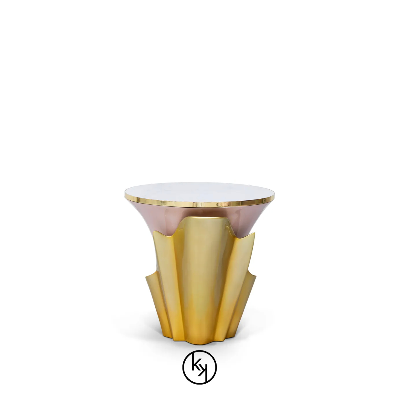 Featuring a sultry silhouette, Yasmine Side Table has a black marble tabletop with golden edges, set on a solid wooden light pink base, adorned with a golden structure that arches back and forth.