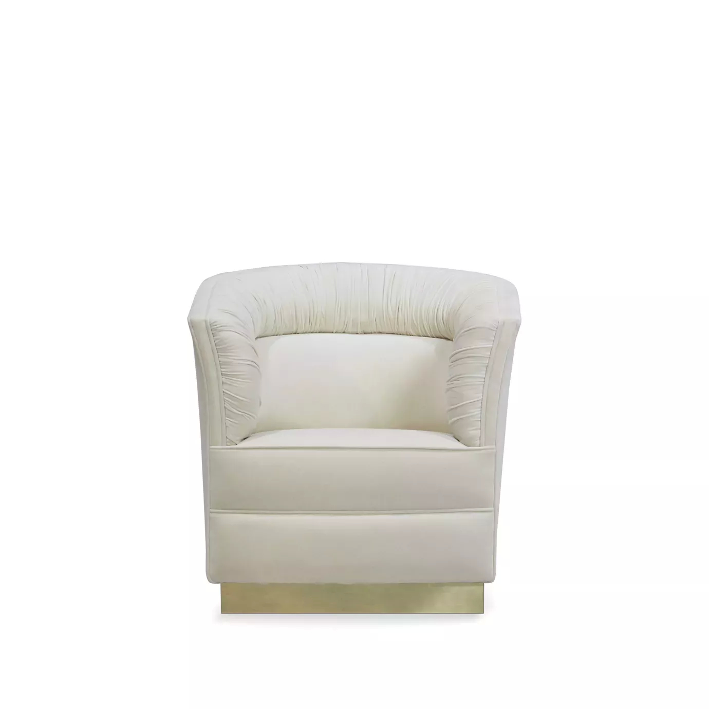 Elegant Lovely Armchair with golden metal base and cream fabric upholstery with ruched details.