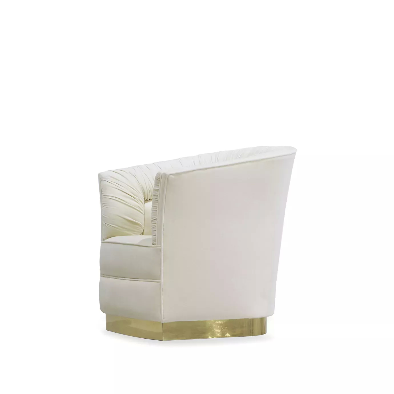 Elegant side view of Lovely Armchair with golden metal base and cream fabric upholstery with ruched details.