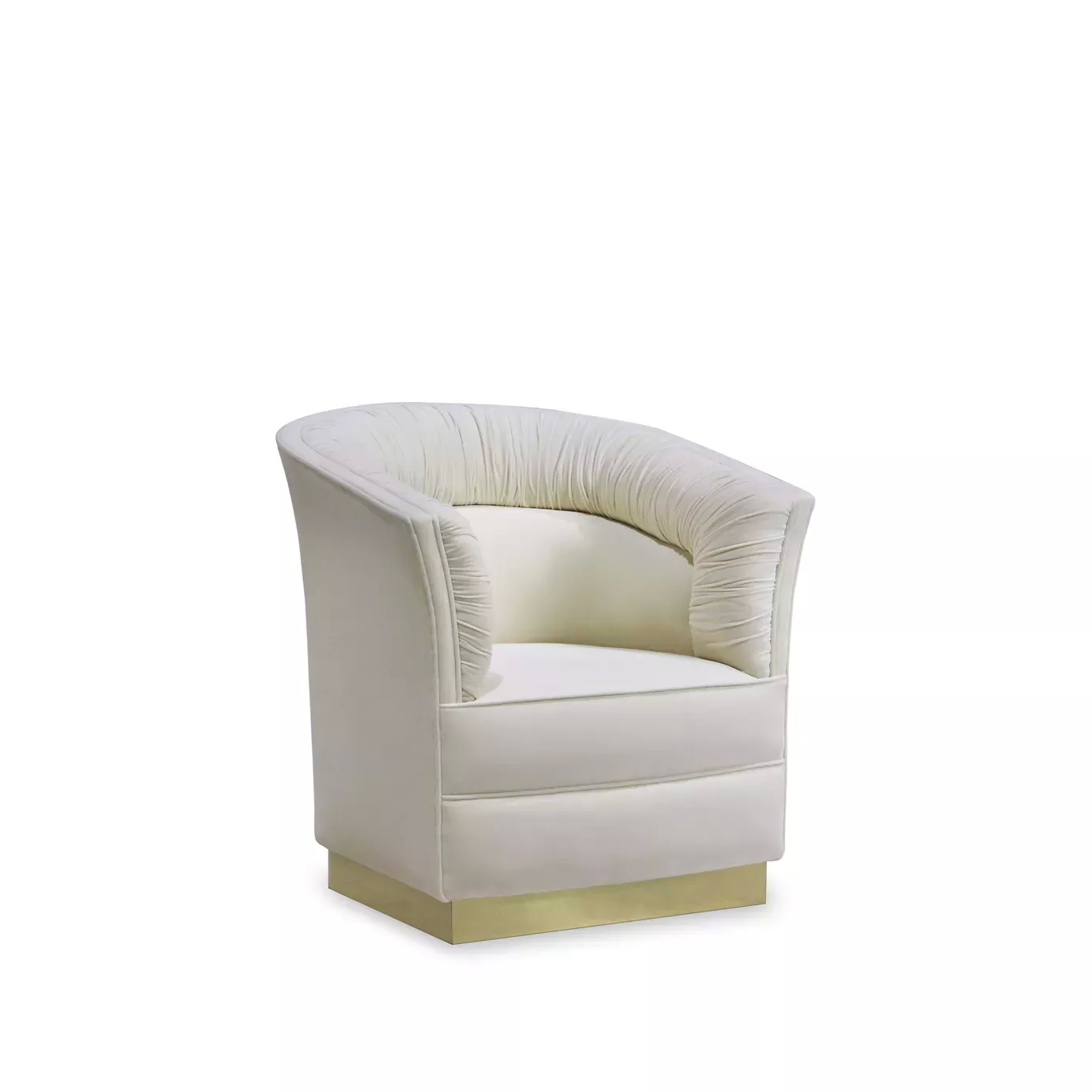 Elegant Lovely Armchair with golden metal base and cream fabric upholstery with ruched details.
