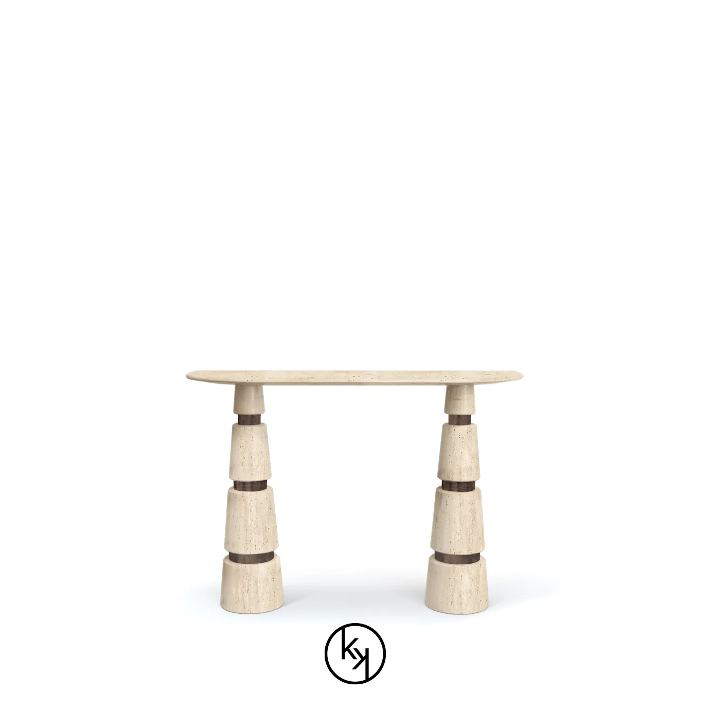 Avalanche Console: Travertine marble top and striking conical legs with details create a sleek, modern design.
