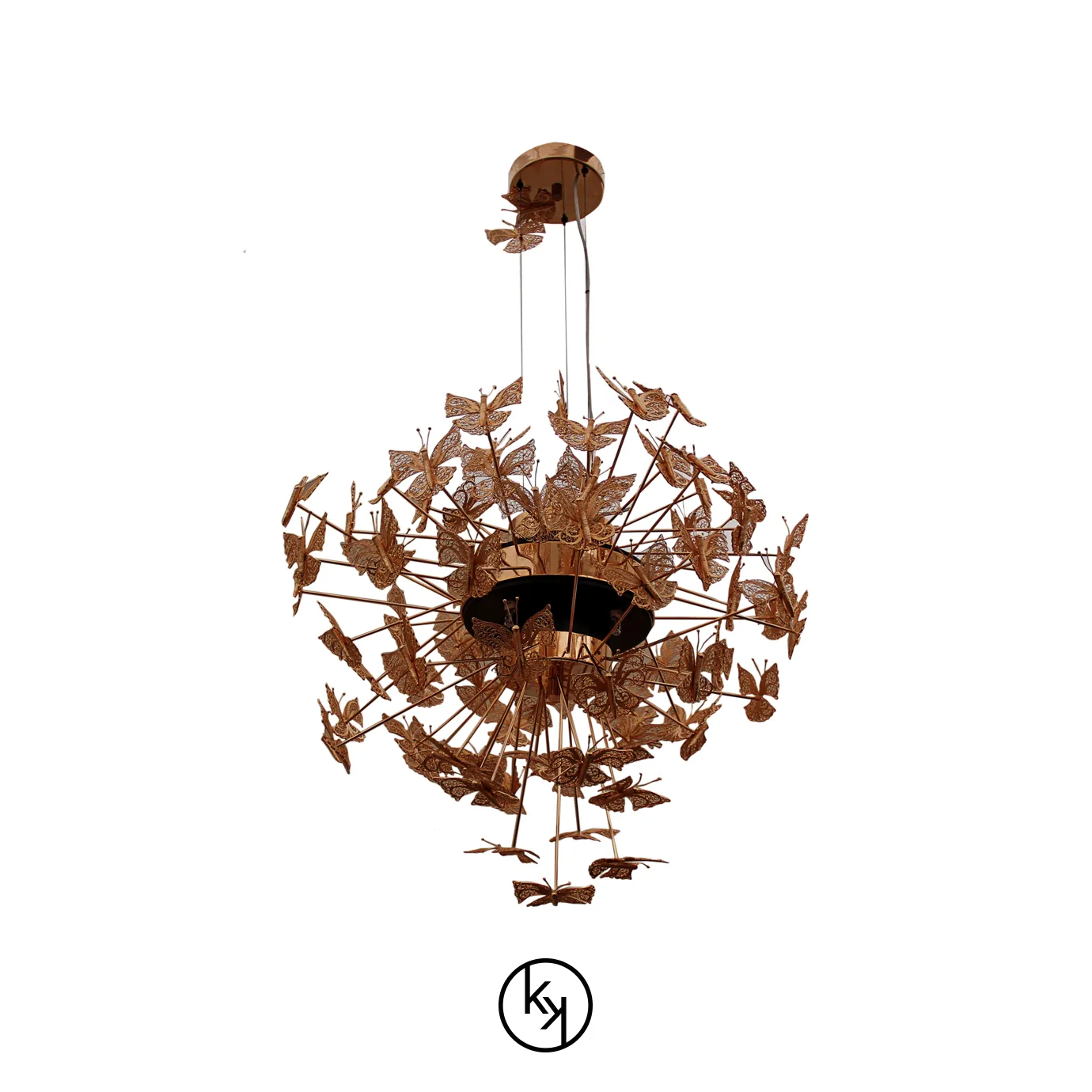 The Nymph Chandelier is inspired by butterflies, with multiple representations of this rare and beautiful animal in golden hues hovering in the air.