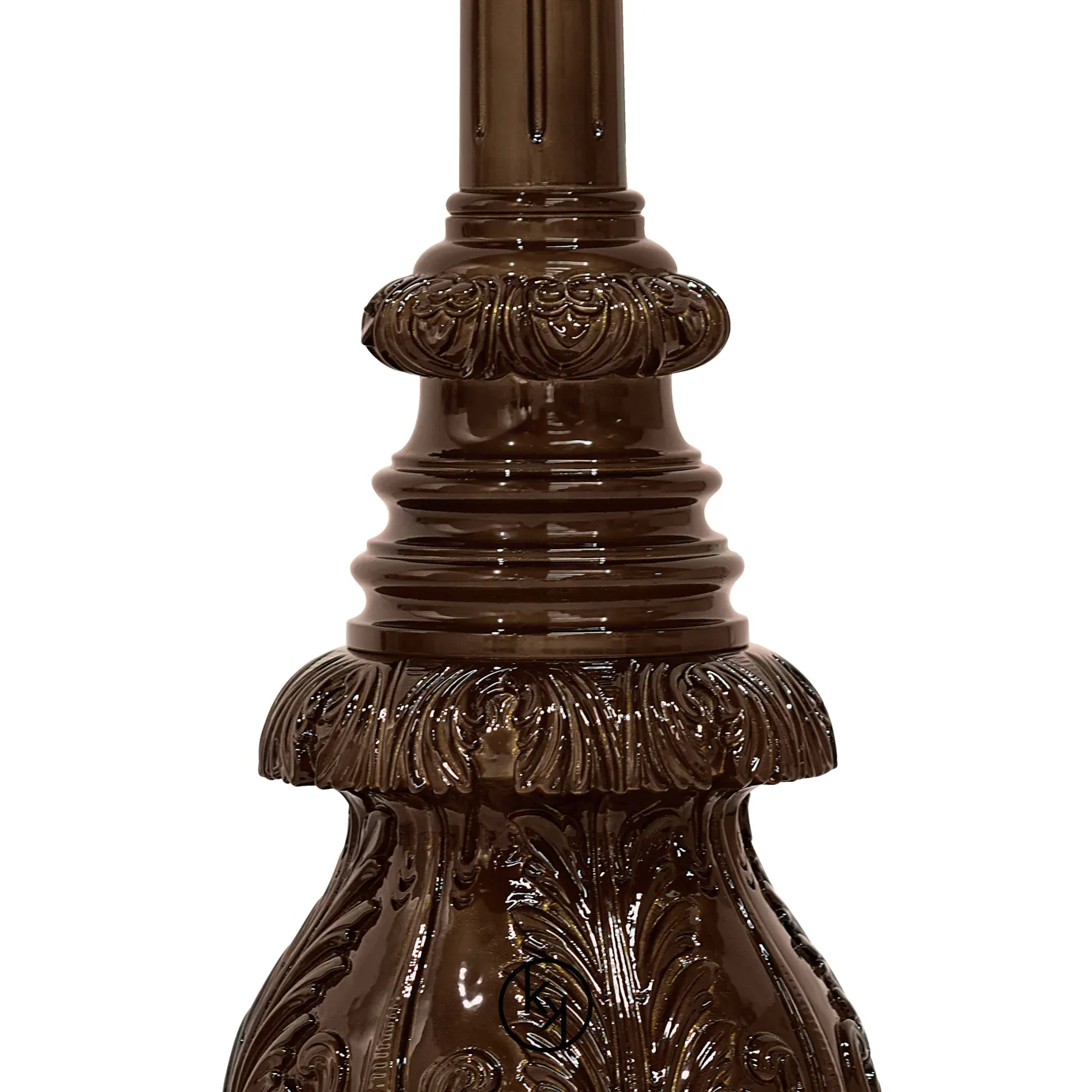 Elegant Lotus Floor Lamp with an ornate sculpted base in brown tones, a decorative vertical stem, and a black lampshade with fringe details.