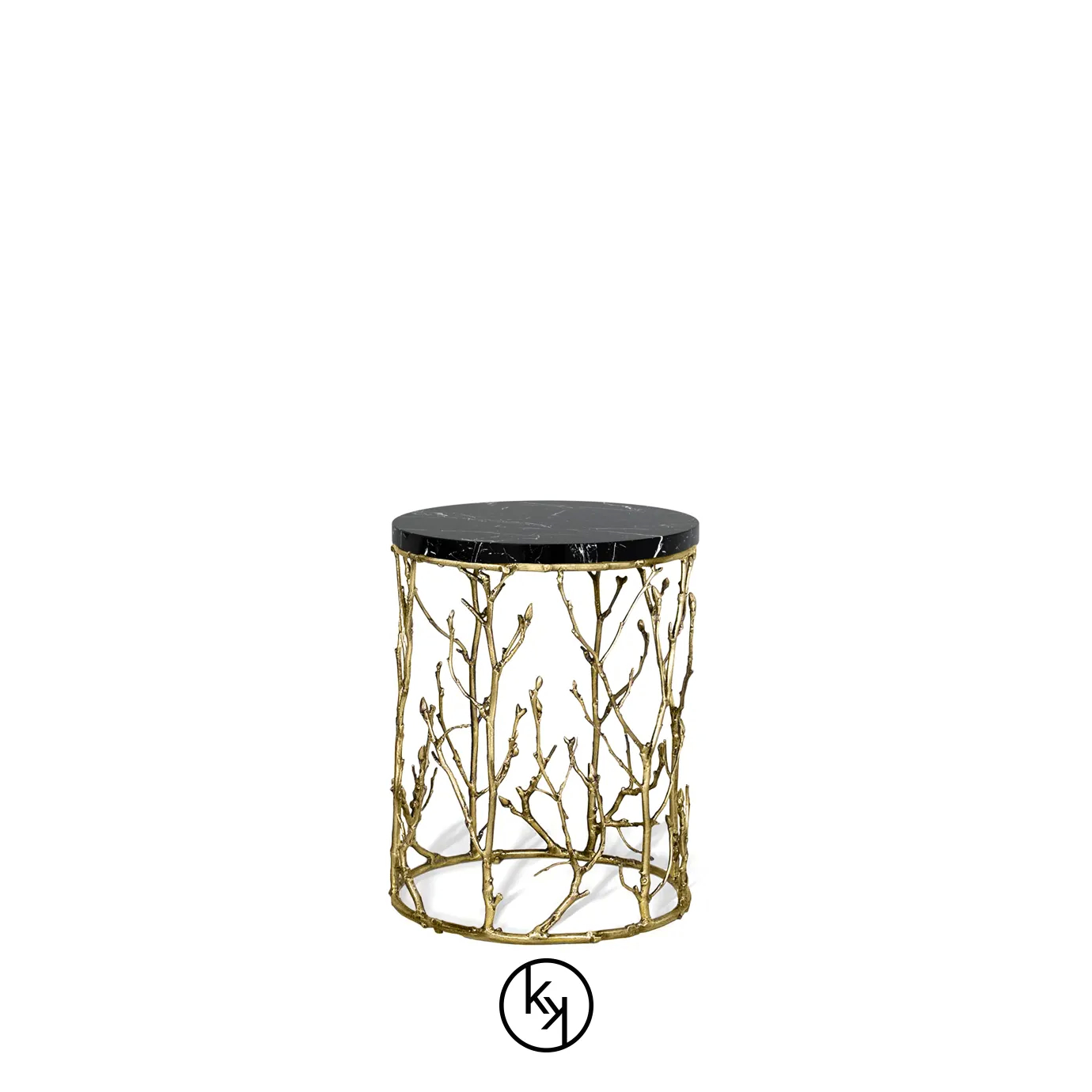 Featuring a dark tabletop, the Enchanted Nero Marquina Marble Side Table has a structure adorned with intricate aged brass details, resembling branches.