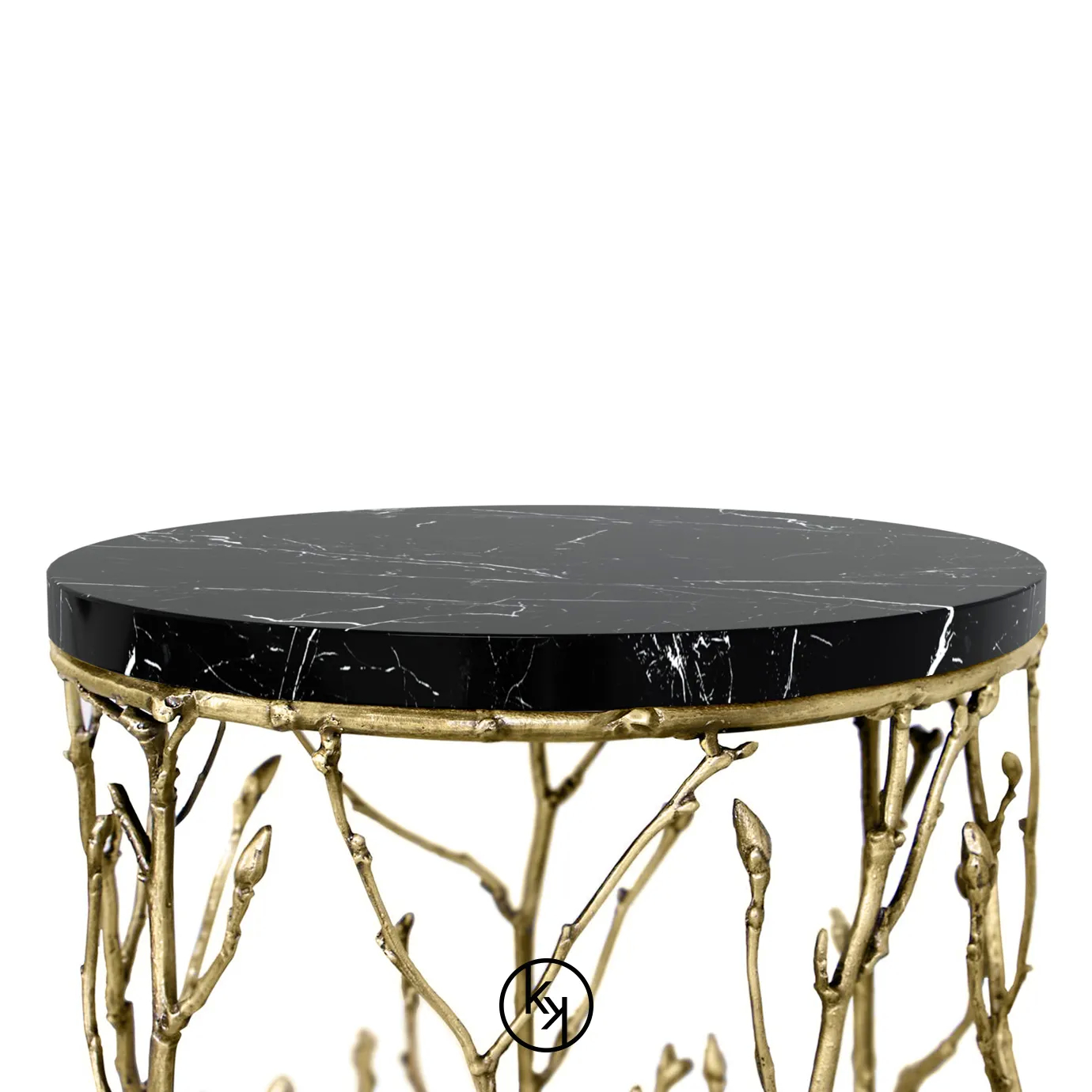 Featuring a dark tabletop, the Enchanted Nero Marquina Marble Side Table has a structure adorned with intricate aged brass details, resembling branches.