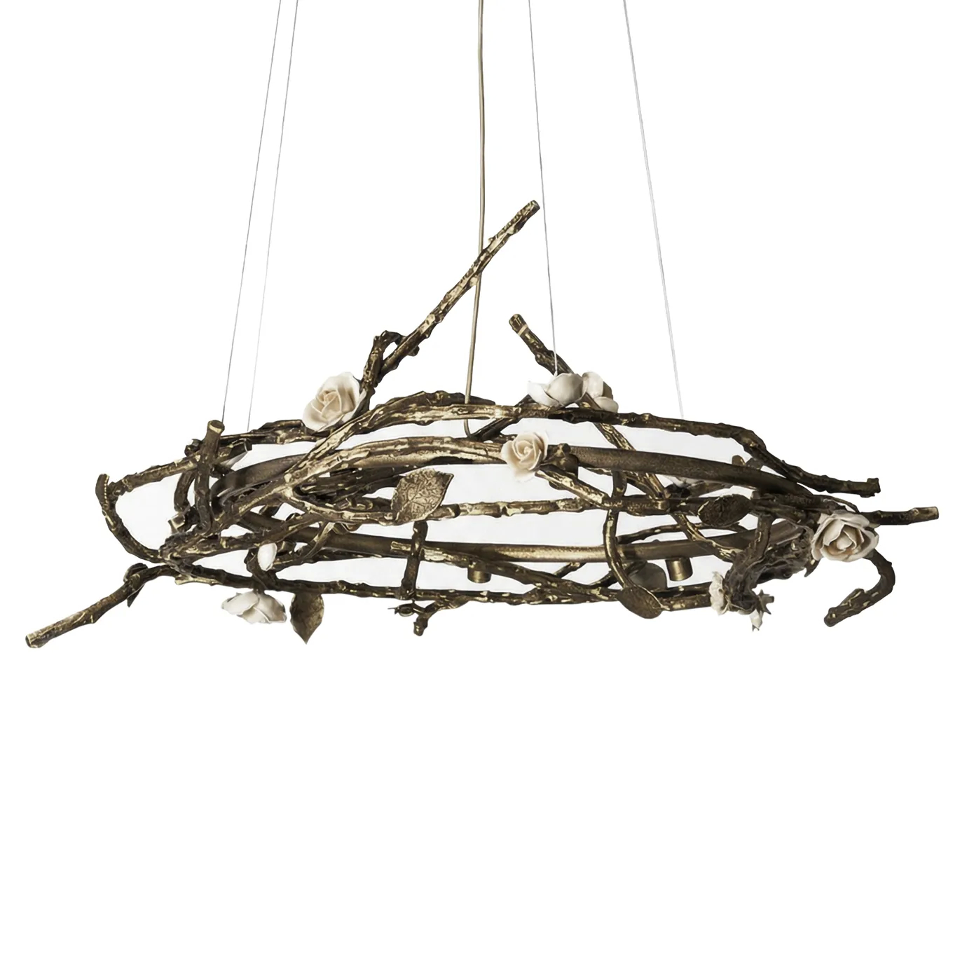 Rose Round Chandelier in aged brass with sculptural branches, metallic leaves, and cream rose-shaped accents, suspended by thin wires in a modern interior.