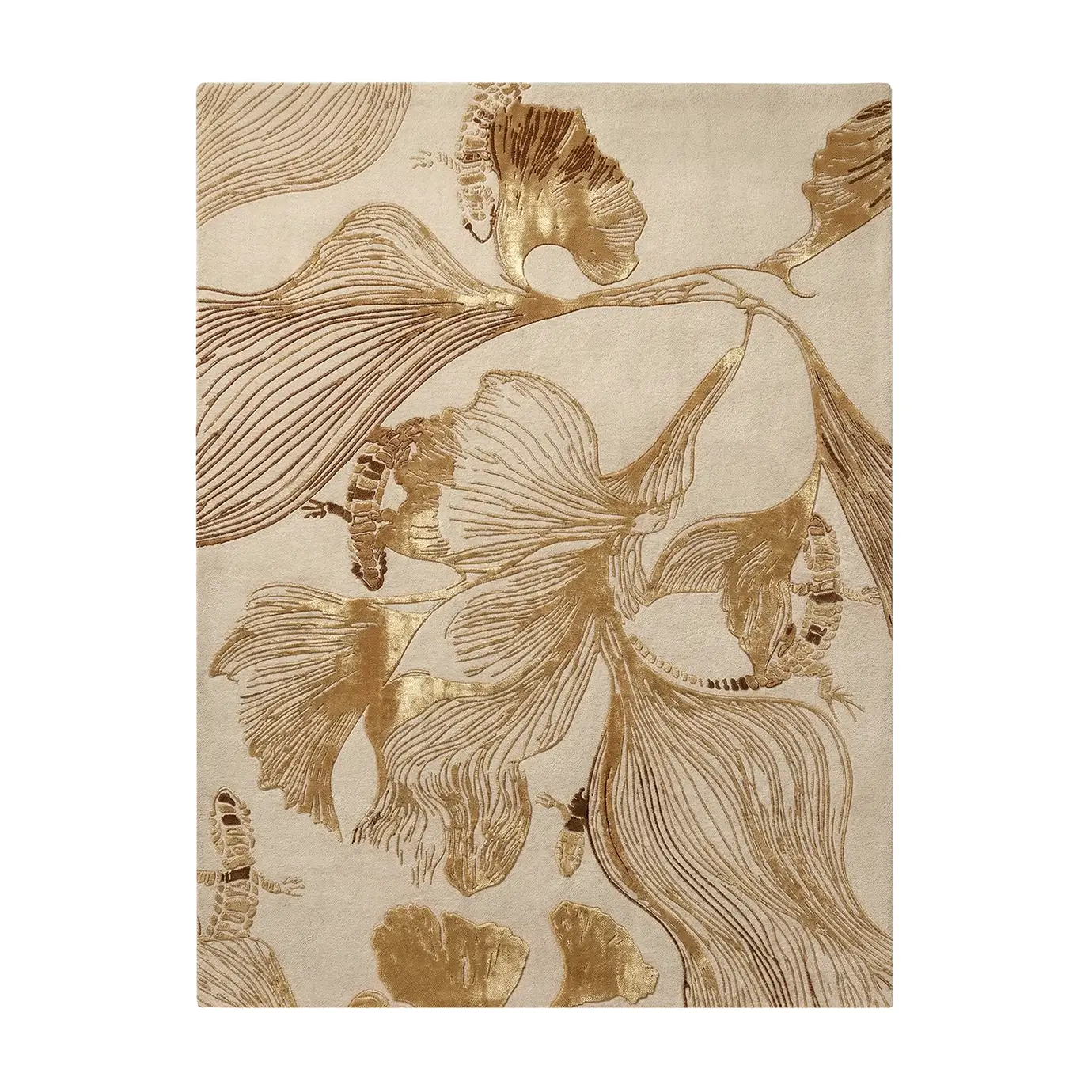 Luxury botanical area rug with gold ginkgo leaf pattern and metallic textures. Premium beige and gold hand-tufted rug for high-end interior design projects.