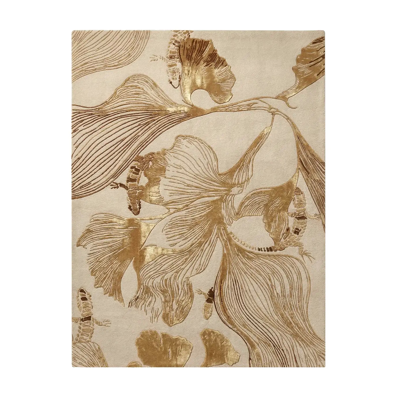 Luxury botanical area rug with gold ginkgo leaf pattern and metallic textures. Premium beige and gold hand-tufted rug for high-end interior design projects.