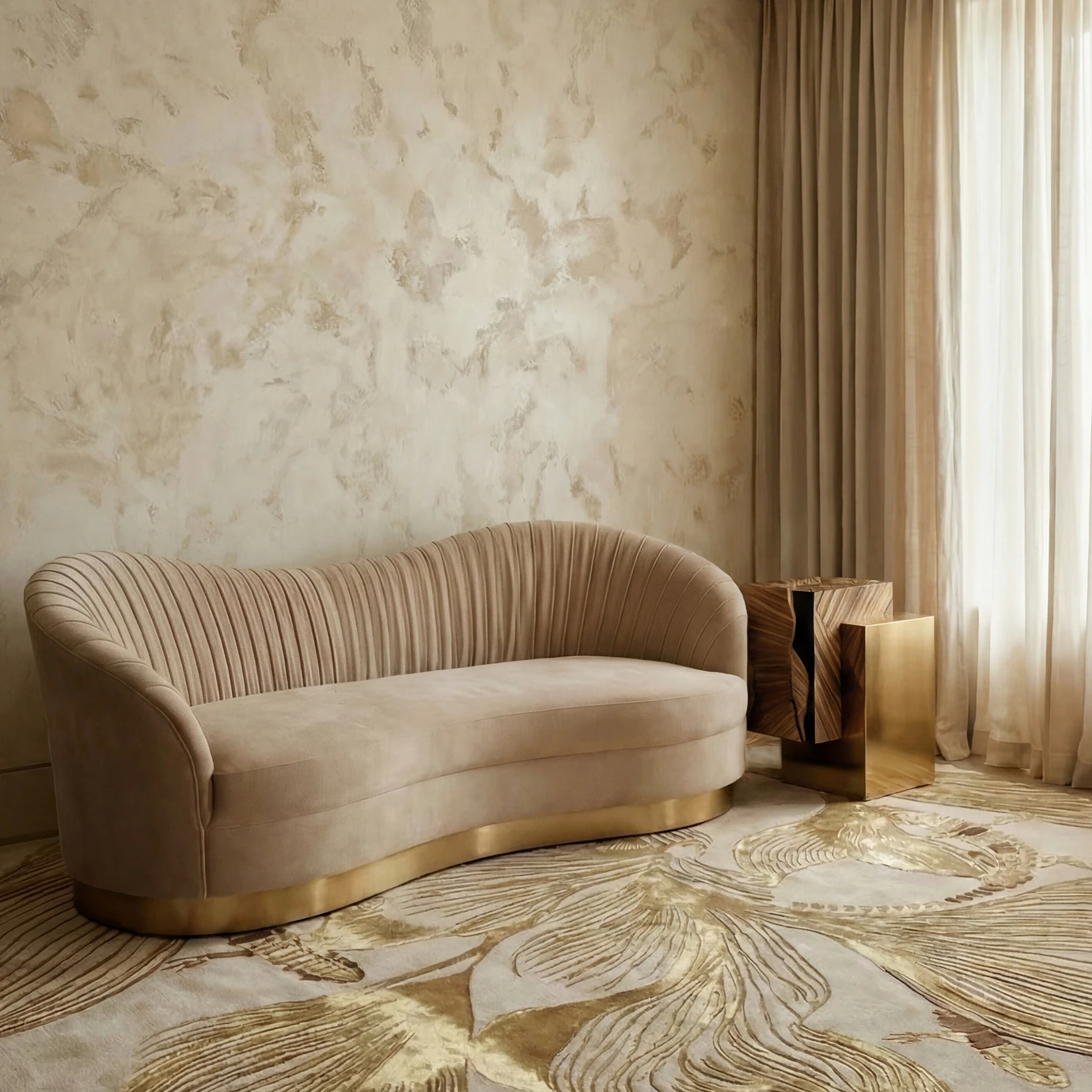 Sophisticated neutral interior featuring a beige curved velvet sofa with a gold base on the KOKET Flora Golden rug with shimmering hand-tufted botanical motifs.
