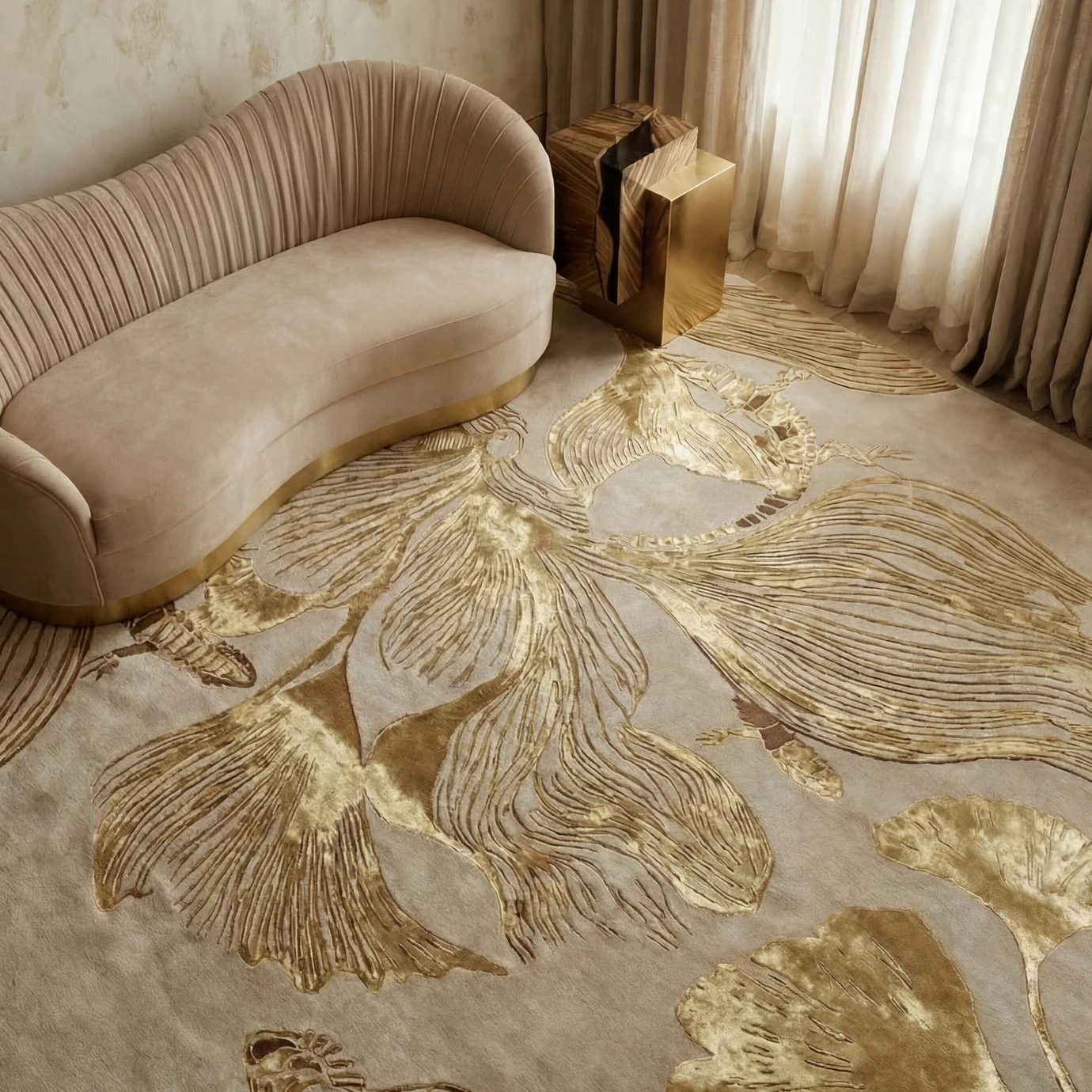 Top view of a luxury neutral interior with a beige curved sofa and the KOKET Flora Golden rug, featuring hand-tufted metallic gold leaf motifs and rich texture.