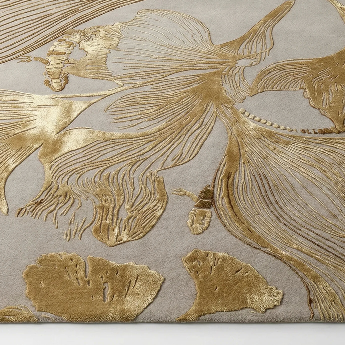Close-up detail of the Flora Golden Rug by KOKET, showcasing sculptural bamboo silk reliefs, oversized floral motifs and flowing lizard-inspired lines in rich golden tones on a luxury handmade rug.