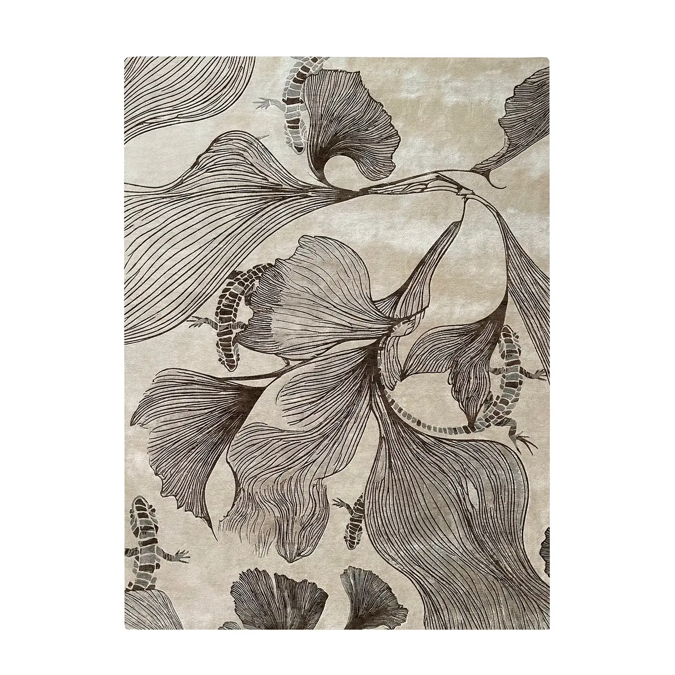 Full view of KOKET Flora rug in sepia and cream tones. Luxury area rug with artistic ginkgo leaf patterns and reptile-inspired details in bronze silk-like texture.