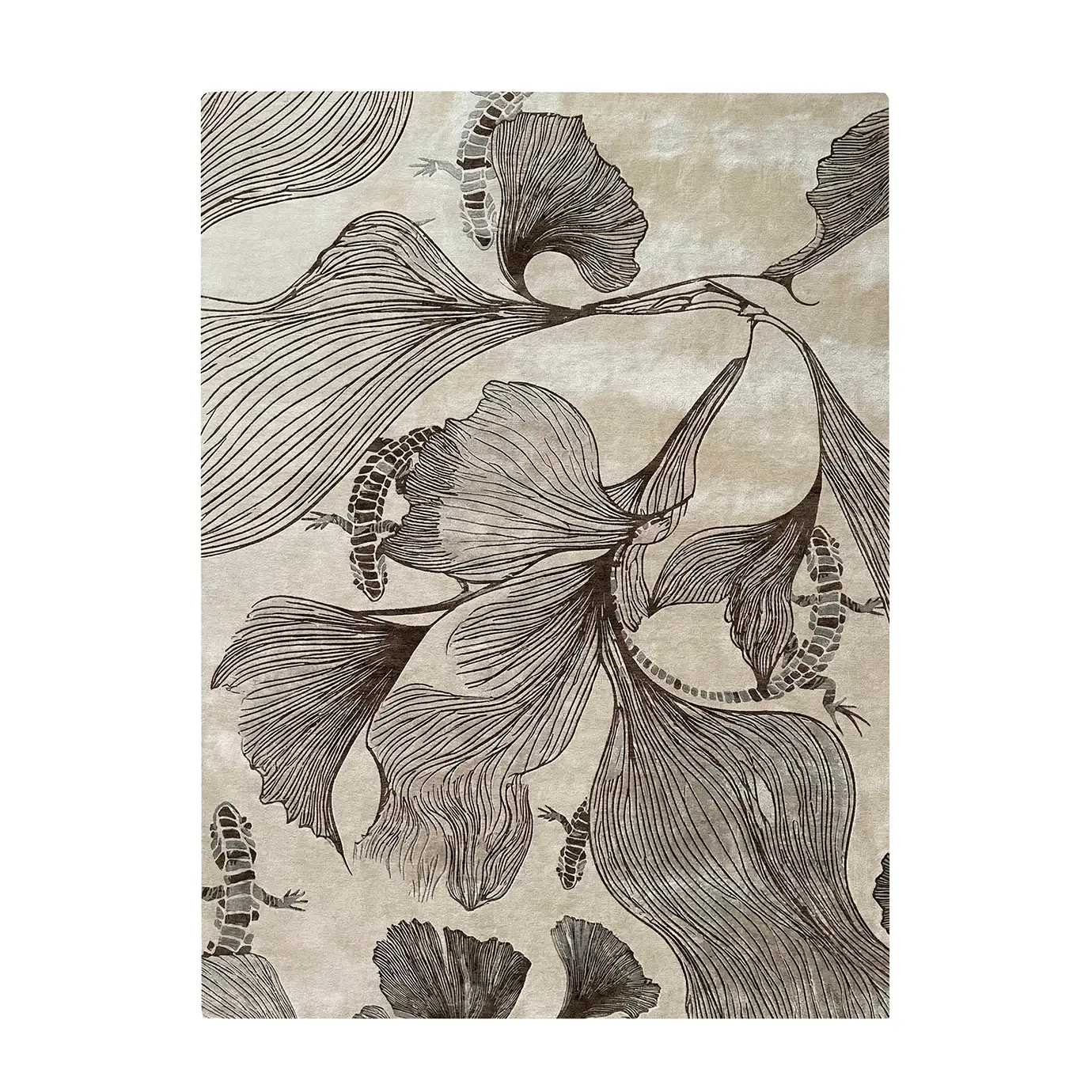 Full view of KOKET Flora rug in sepia and cream tones. Luxury area rug with artistic ginkgo leaf patterns and reptile-inspired details in bronze silk-like texture.