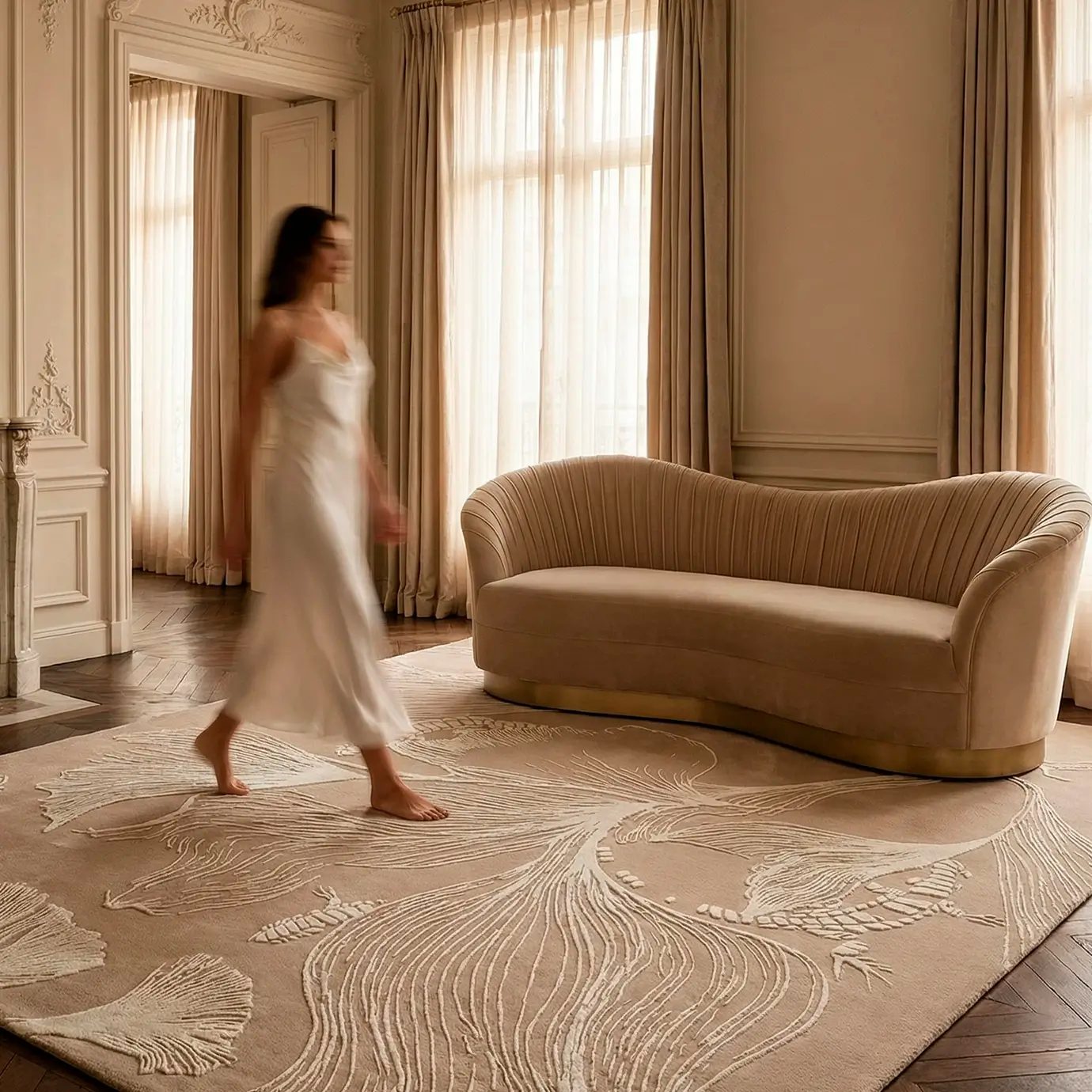 Elegant classical living room setting with high ceilings, featuring a beige KOKET Flora rug and a velvet curved sofa. Sophisticated residential interior with luxury botanical area rug.