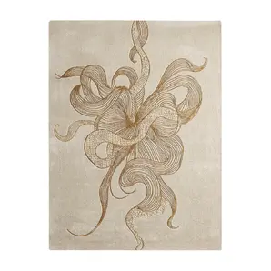 Full view of KOKET Serpenti luxury rug in cream and gold. High-end designer area rug featuring an intricate intertwined snake motif with metallic gold textures and organic linework.