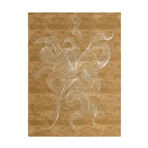 Full view of KOKET Serpenti rug in a golden-brown palette with silver snake motifs. Bold provocative luxury carpet with exotic serpent design for high-end interior projects.