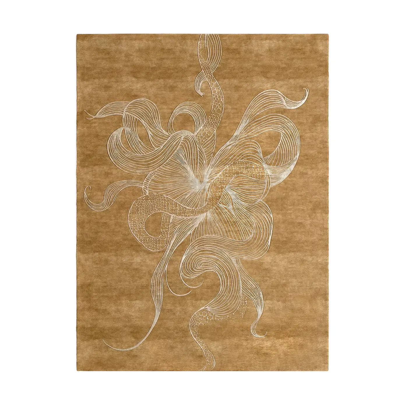 Full view of KOKET Serpenti rug in a golden-brown palette with silver snake motifs. Bold provocative luxury carpet with exotic serpent design for high-end interior projects.