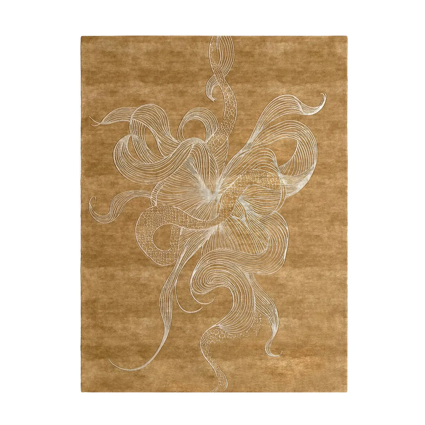 Full view of KOKET Serpenti rug in a golden-brown palette with silver snake motifs. Bold provocative luxury carpet with exotic serpent design for high-end interior projects.
