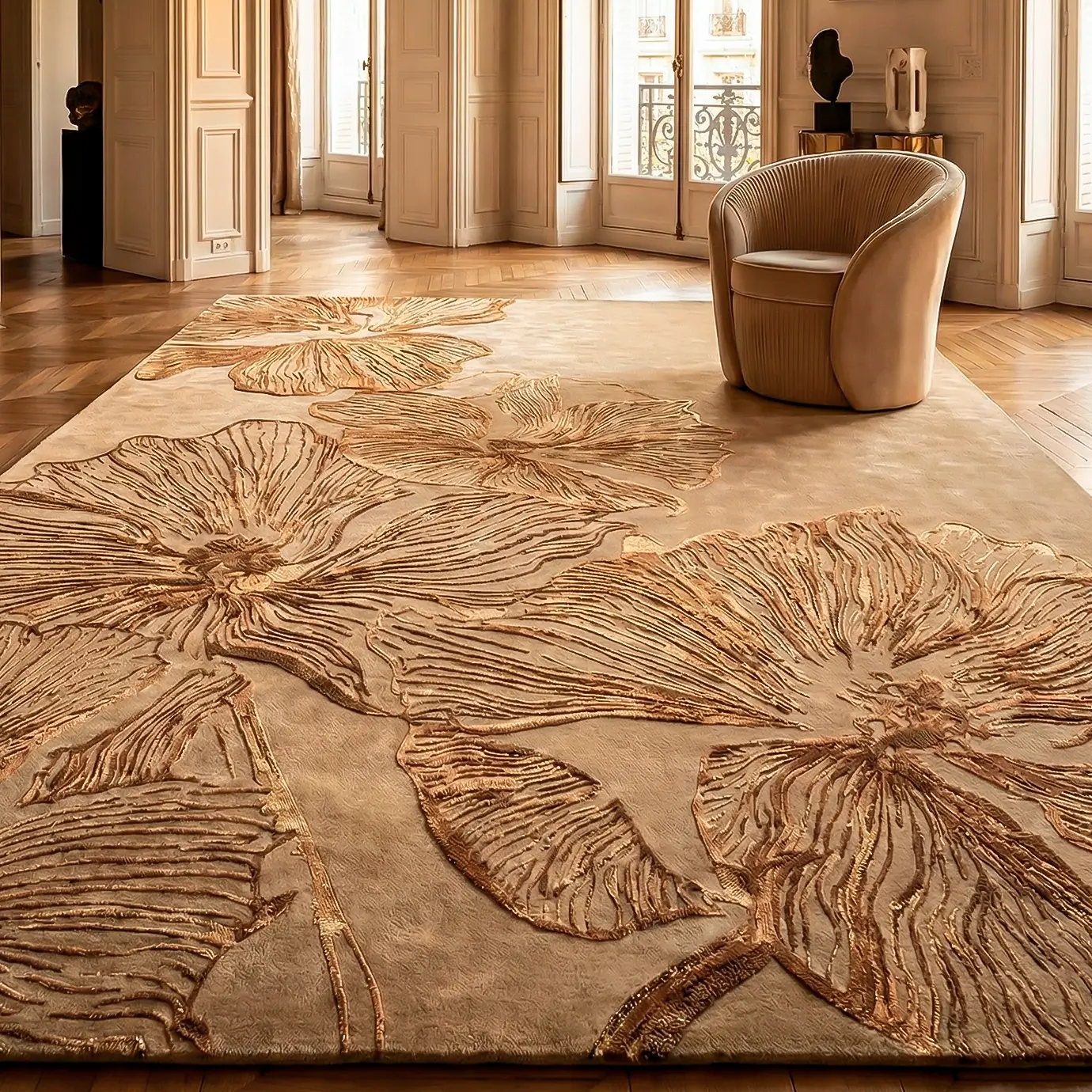 Spacious luxury living room with a beige KOKET Poppy rug and a modern velvet armchair, highlighting the large-scale floral design.