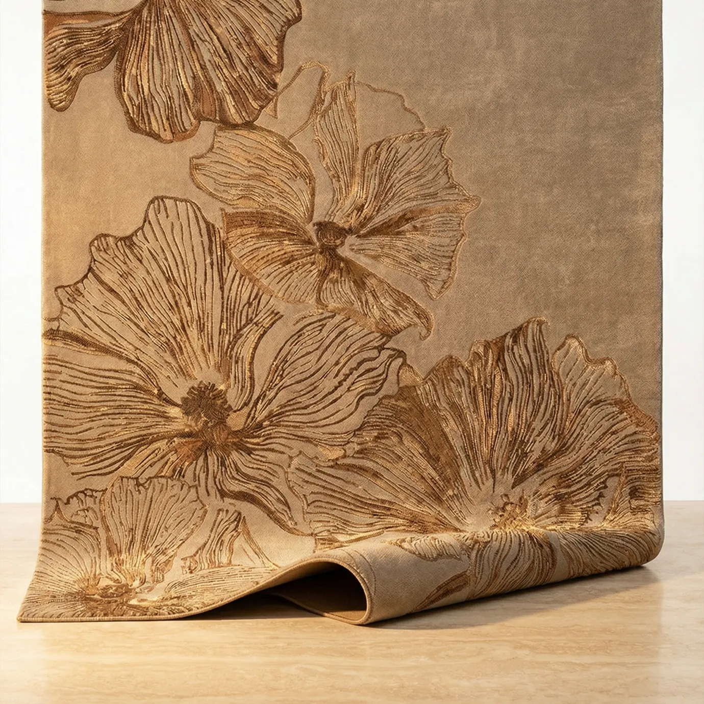 Detail of the Poppy Bronze Rug by KOKET, featuring sculptural floral poppy motifs with raised bamboo silk reliefs and warm bronze tones on a luxury handmade designer rug