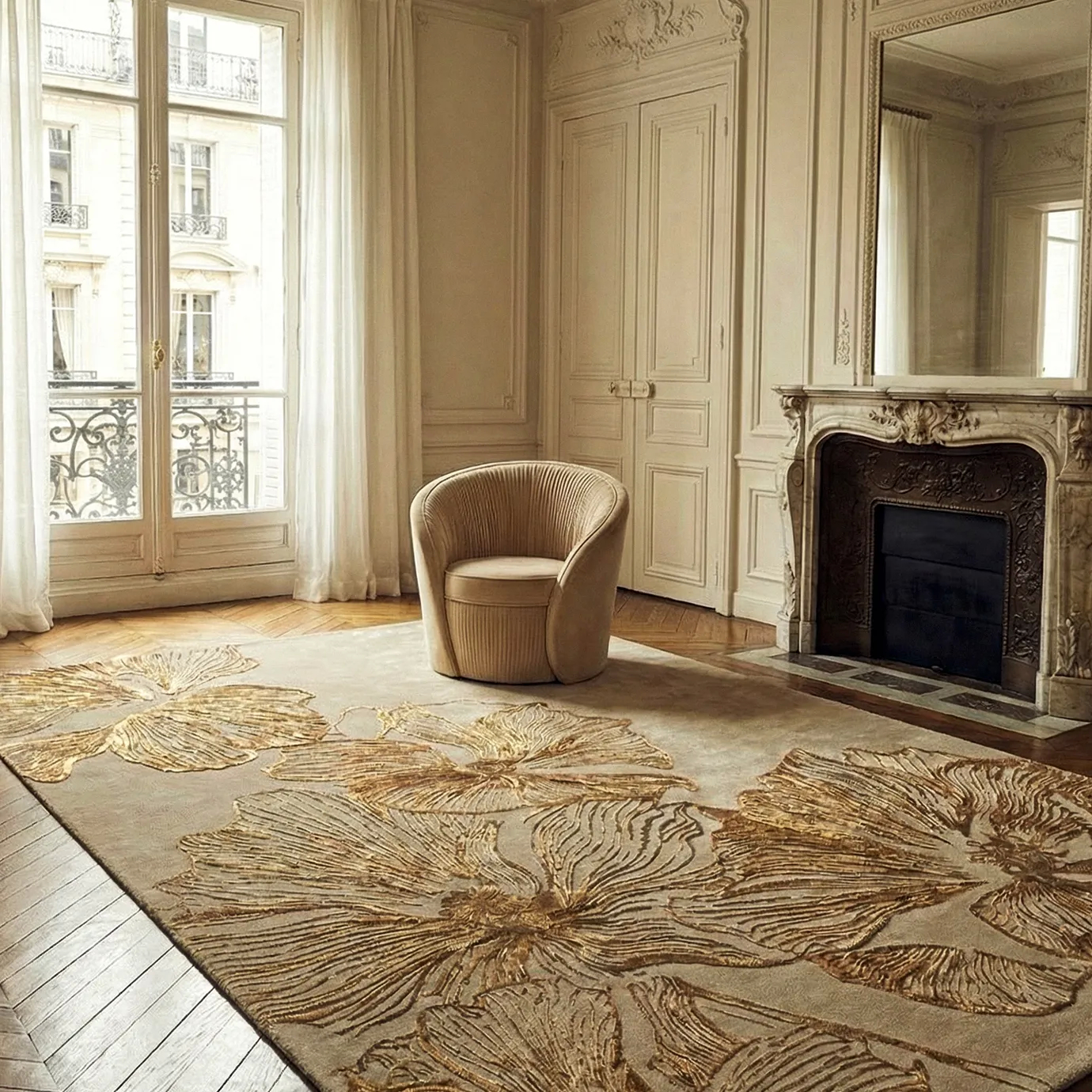 Poppy Bronze Rug by KOKET styled in an elegant Parisian interior, showcasing oversized sculptural poppy floral motifs with raised bamboo silk reliefs and warm bronze tones on a luxury handmade designer rug