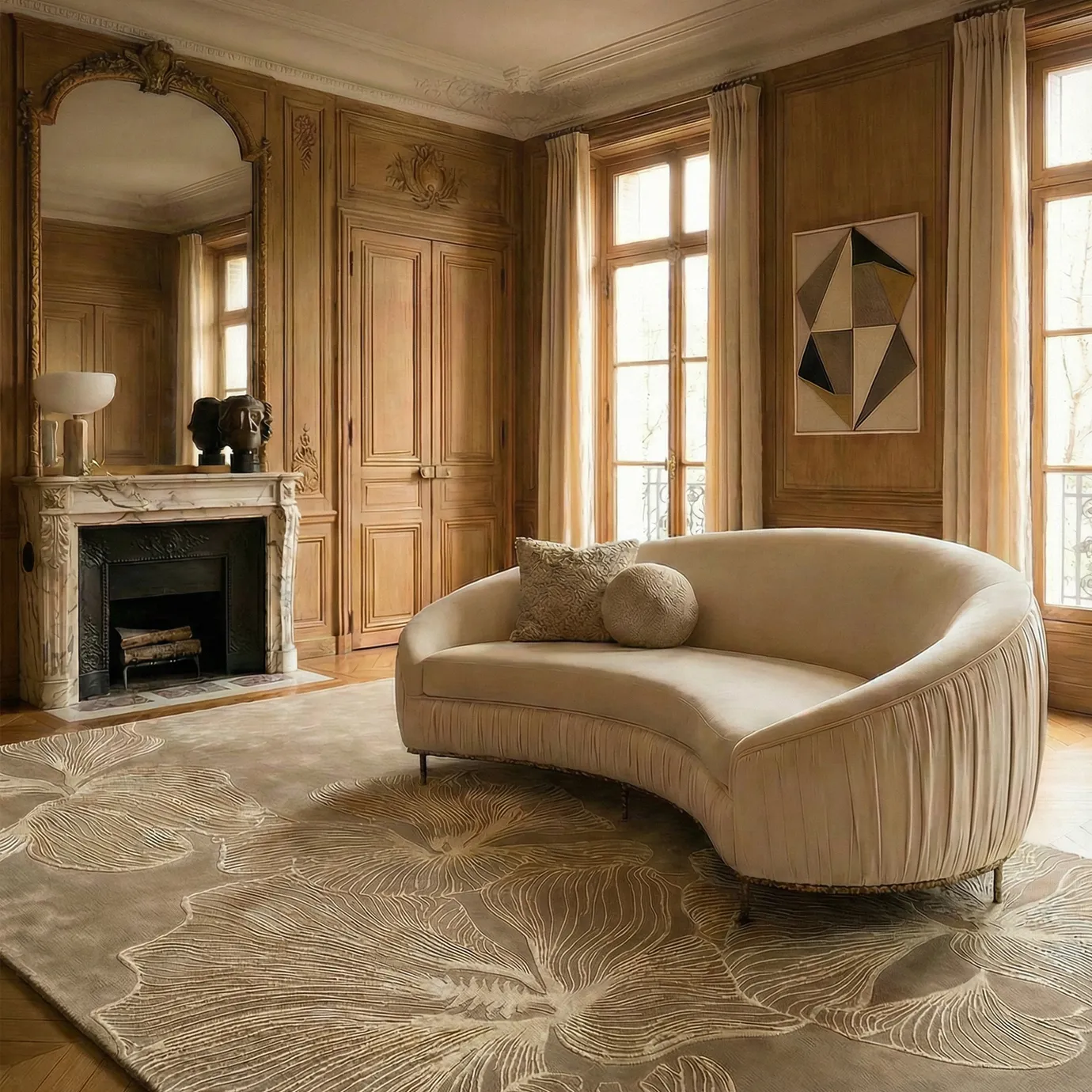Poppy Sand Rug by KOKET styled in a refined Parisian living room, featuring oversized sculptural poppy floral motifs with raised bamboo silk reliefs in soft sand and neutral tones on a luxury handmade designer rug