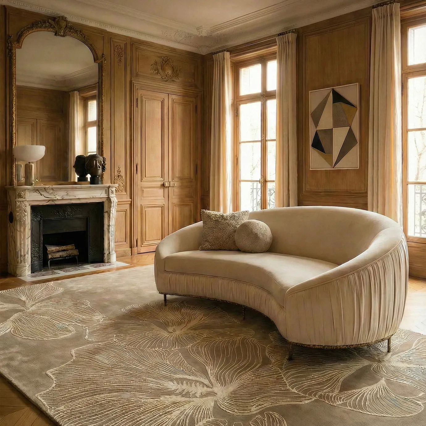 Poppy Sand Rug by KOKET styled in a refined Parisian living room, featuring oversized sculptural poppy floral motifs with raised bamboo silk reliefs in soft sand and neutral tones on a luxury handmade designer rug