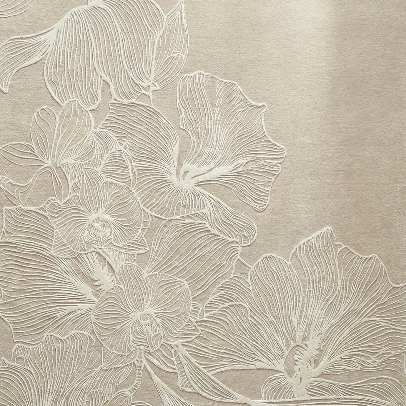 Poppy Sand Rug by KOKET close-up with raised poppy floral design in bamboo silk on sand-toned wool