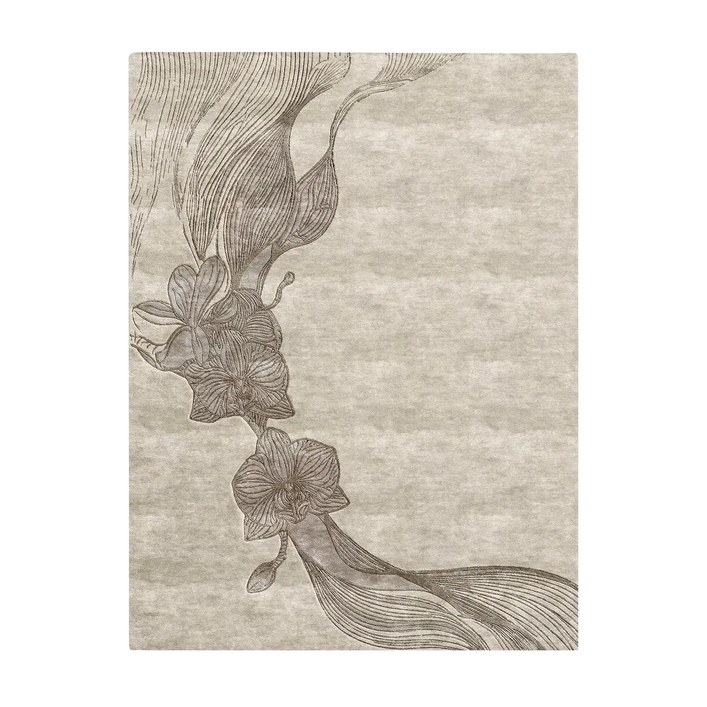 Orchid Taupe Rug by KOKET in a neutral living room, featuring raised orchid-inspired pattern in taupe tones